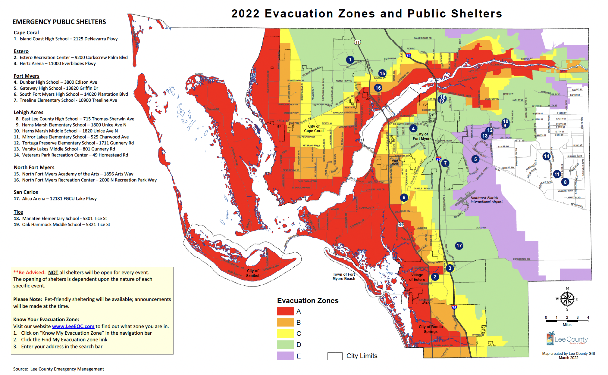This image shows a map of the Lee County storm surge evacuation zones.